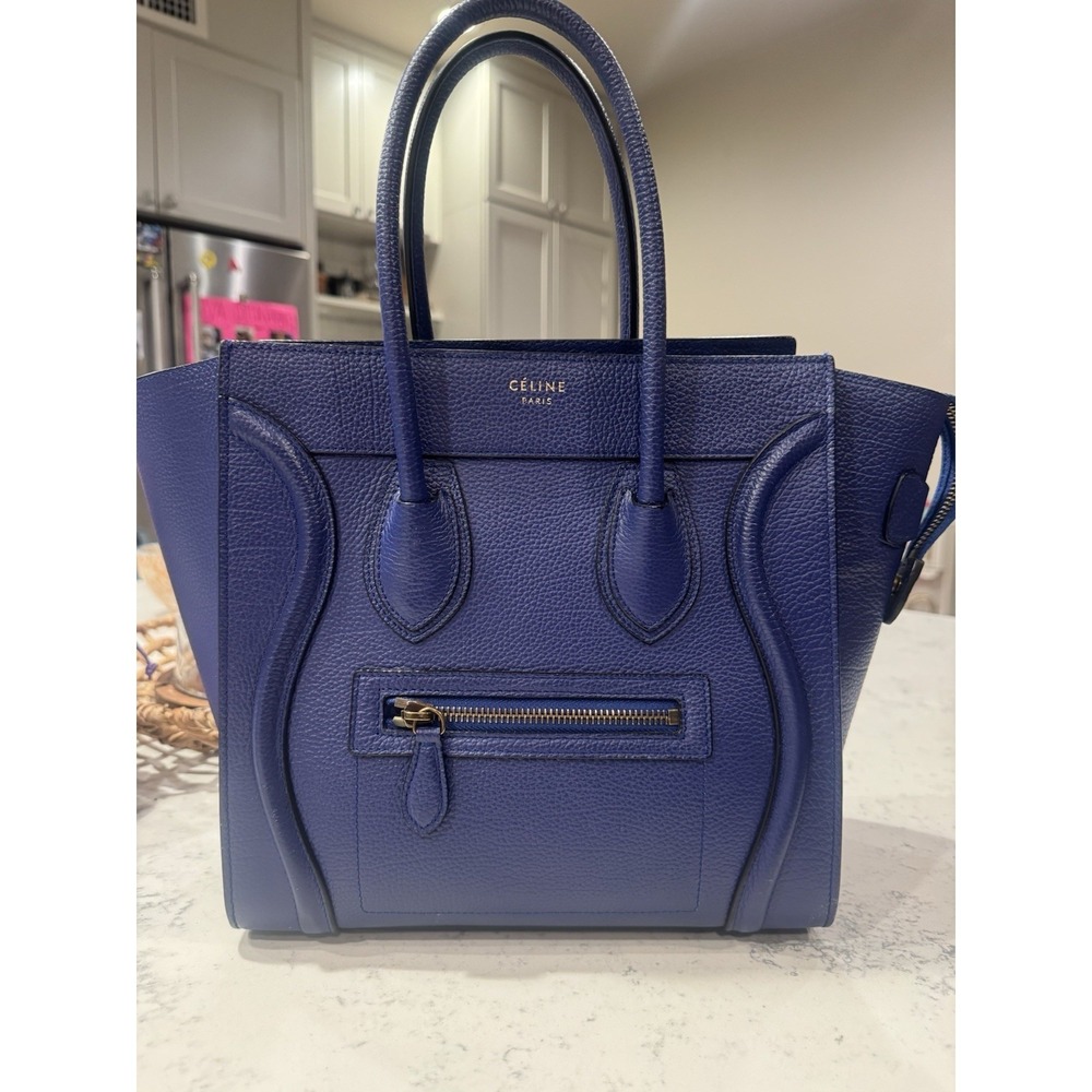 Celine Indigo Blue Calfskin Pebbled Leather Micro Luggage Tote Handbag
